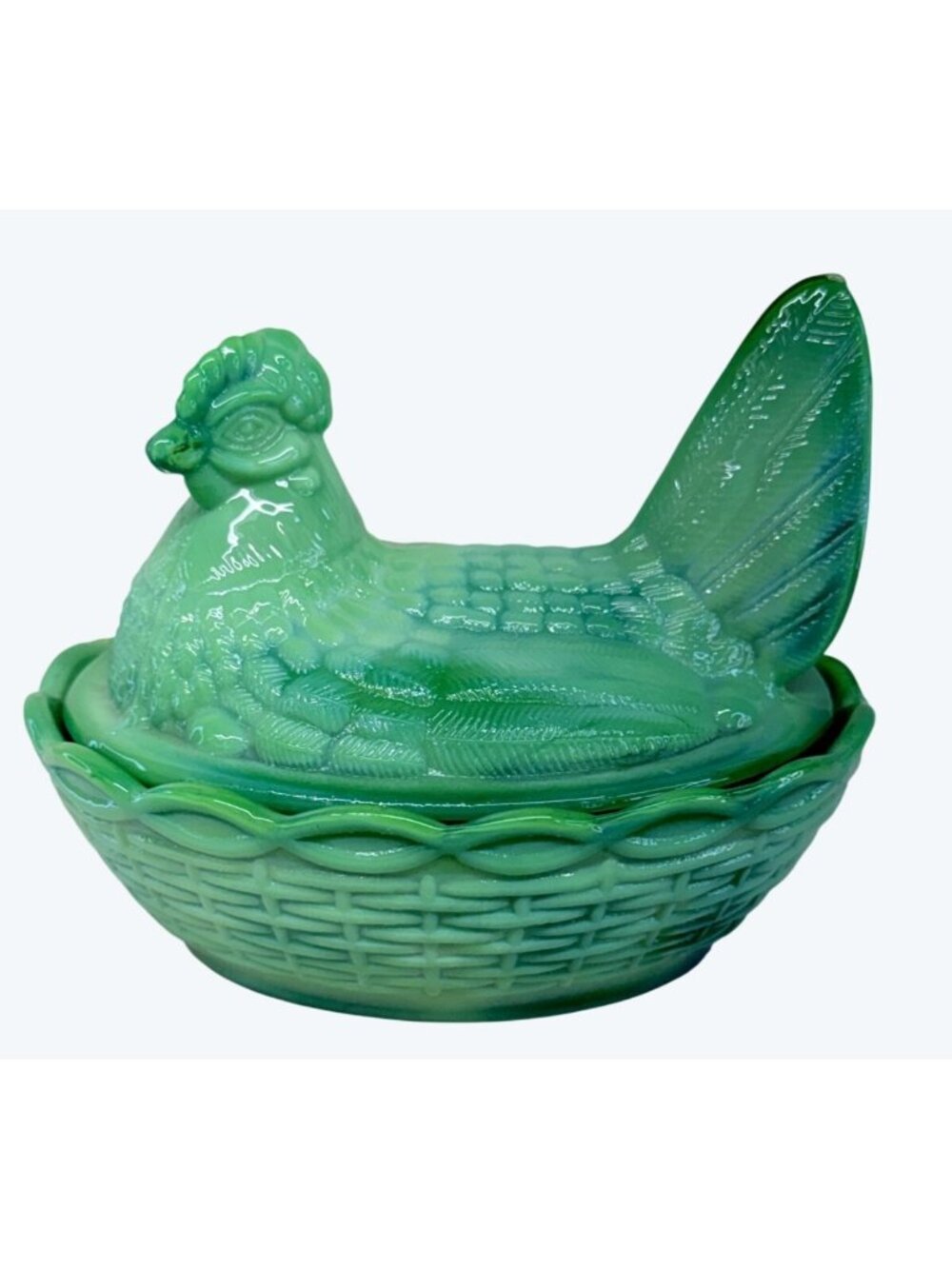 Beautiful Vintage Green Slag Glass Rooster Hen on Nest Covered Dish Unmarked